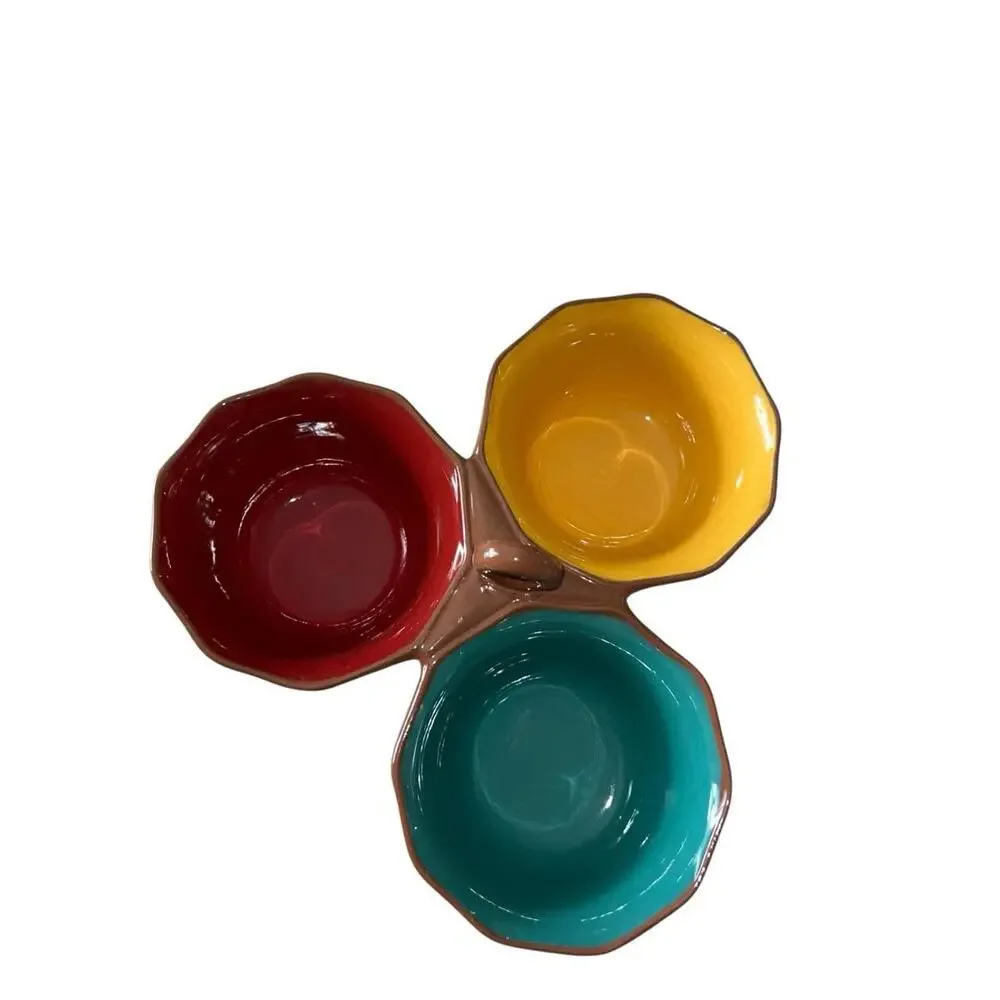 World‎ Market 3-Section Ceramic Condiment Trio Server Salsa Dip Bowl Scalloped